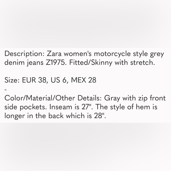 ZARA Z1975 Light Grey Moto Skinny Ankle Jeans Like New - Picture 4 of 4